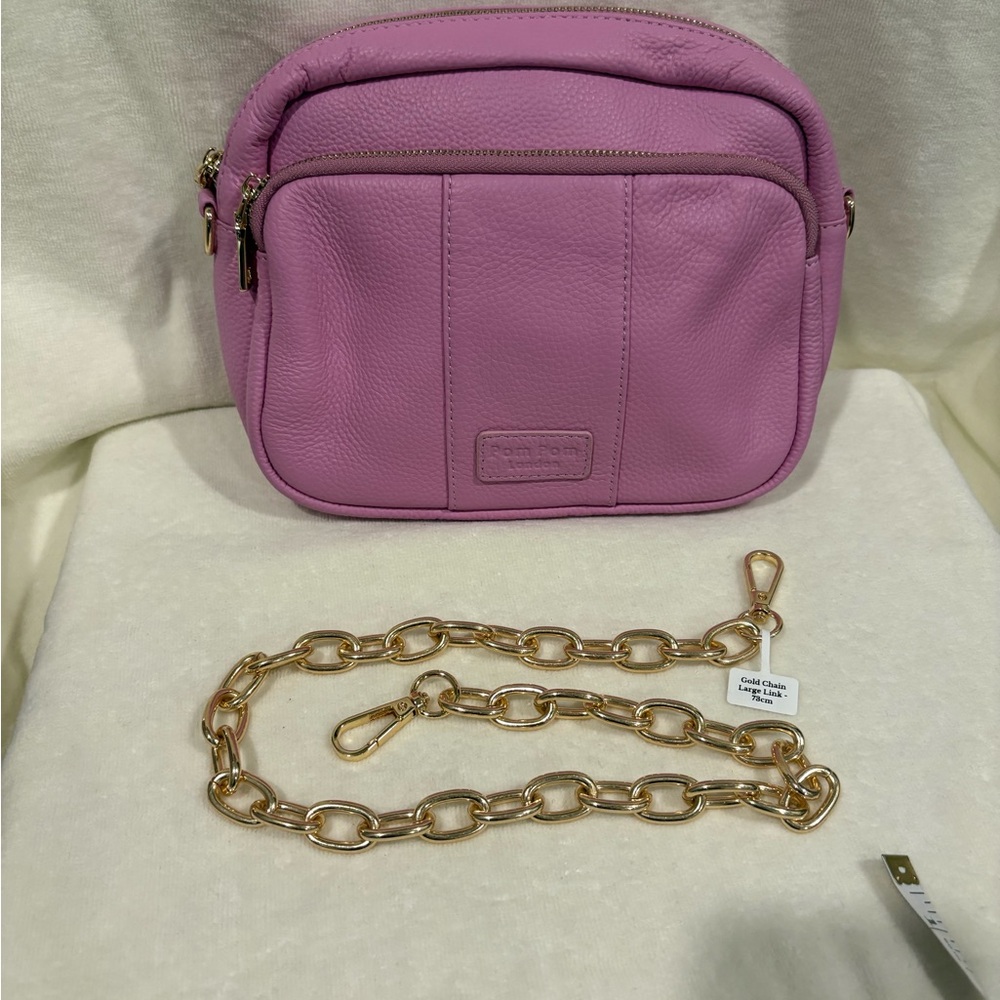 Pom Pom London Peony Pink leather Crossbody bag with dust cover